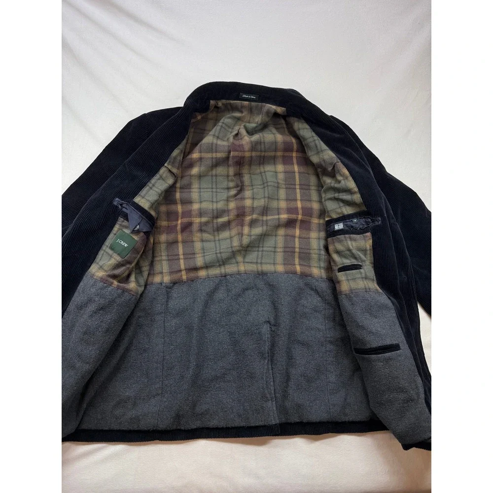 J.Crew Mens Navy Blue Black Corduroy Blazer Elbow Patches Plaid Flannel Lining M